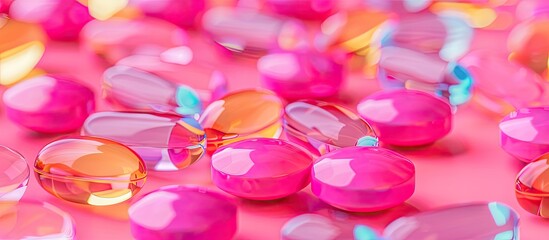 multicolored capsules and pills on a pink backdrop. with copy space image. Place for adding text or design
