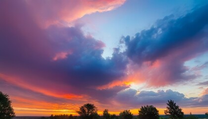 A breathtaking sunset with a dramatic sky filled with vibrant colors and clouds. The stunning hues and serene landscape create a peaceful and inspiring scene, ideal for nature and landscape themes