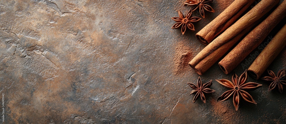 Poster cinnamon sticks and star anise on a textured surface cinnamon roll paired with star anise a flavorfu