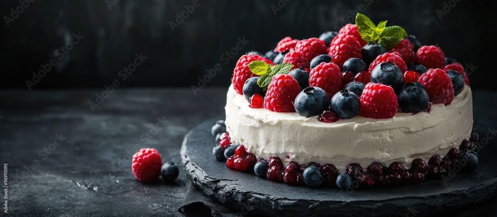 Fototapete homemade cake adorned with raspberries and blueberries on a black backdrop. with copy space image. Place for adding text or design