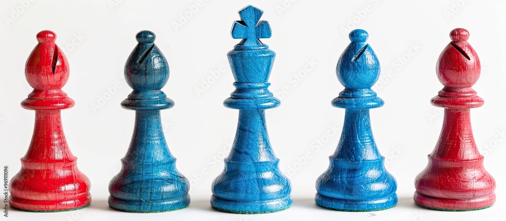 Poster business concept for leadership team leadership advancement blue pawn figures in a line with a red o