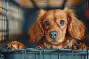 Adorable Brown Puppy with Sad Eyes in a Metal Crate - Capturing the Heartfelt Expressions of Pets