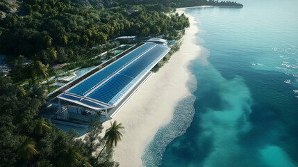 Fototapeta premium A futuristic solar-powered desalination plant on a pristine beach, providing clean water and energy to a nearby community.