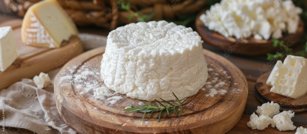 Poster ricotta romana a soft cheese made from cow or goat milk is a healthy meal option and snack placed on