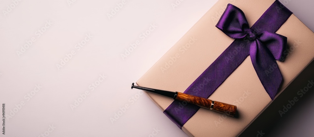 Poster violet necktie gift box with a white ribbon brown craft paper envelope and smoking tobacco pipe on a