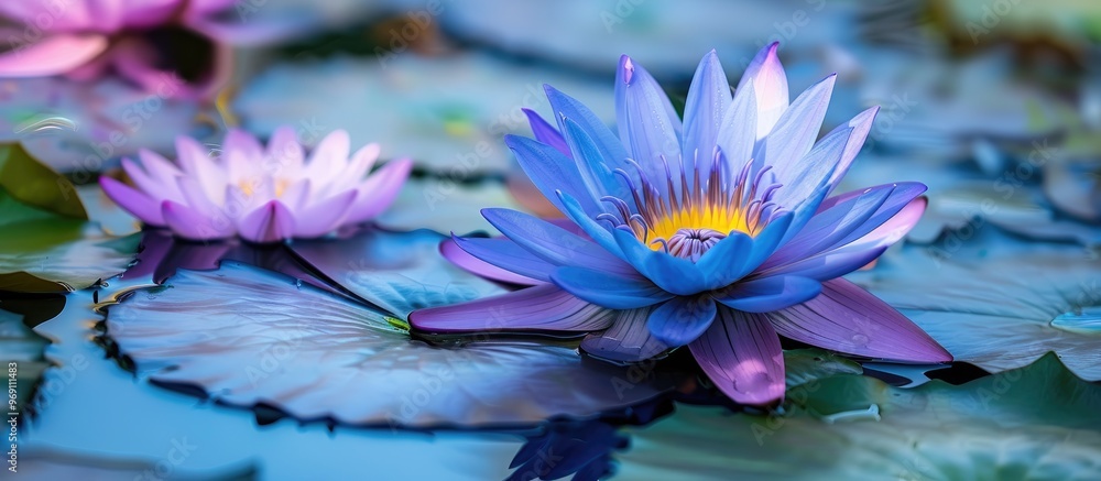 Poster A stunning lotus flower is enhanced by the vibrant colors of the deep blue water surface. with copy space image. Place for adding text or design