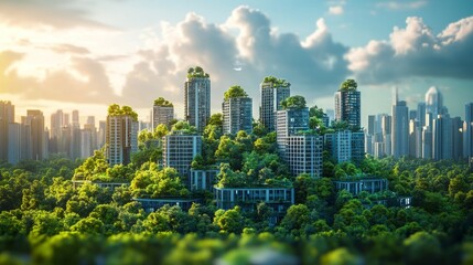 Naklejka premium Futuristic eco-friendly smart cities managed by AI to optimize sustainability: A city where AI adjusts everything from lighting to energy use for maximum sustainability.