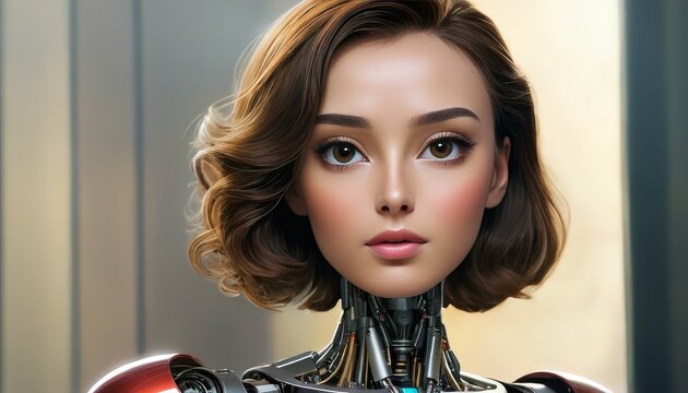 A female android with lifelike human features and a detailed robotic body stands in a contemporary setting. Her expressive eyes and realistic skin contrast with the mechanical elements, creating a