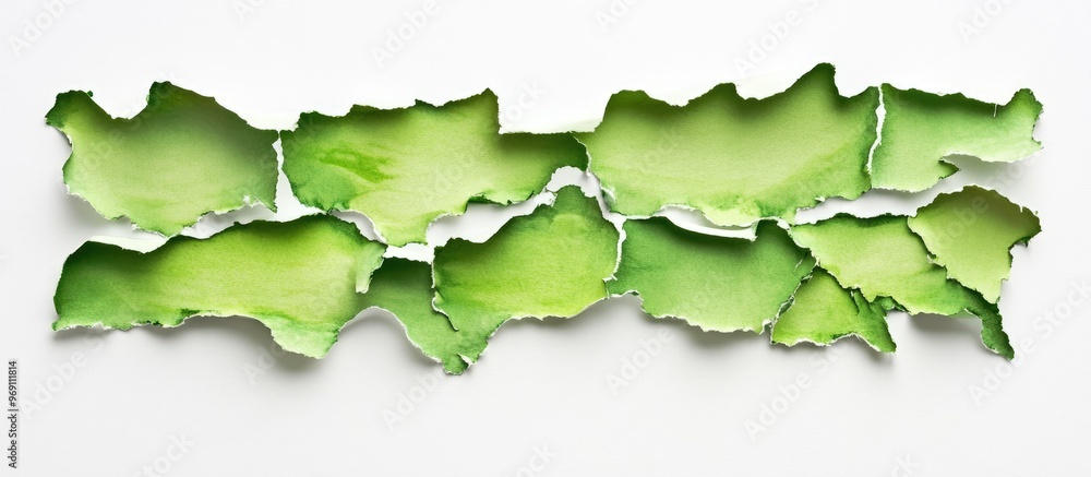 Poster realistic green torn paper scraps with ripped edges arranged in the center providing space for copy 