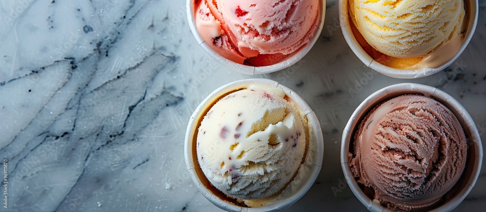 Poster scoops of cream ice cream in a cup on a marble kitchen table top view with copy space
