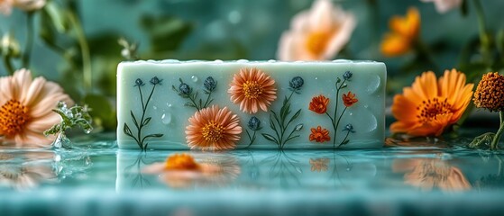 Artisanal Soap Bar with Floral Design on Reflective Blue Surface