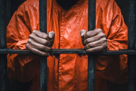A prisoner wearing an orange jumpsuit is gripping the jail bars tightly with their hands