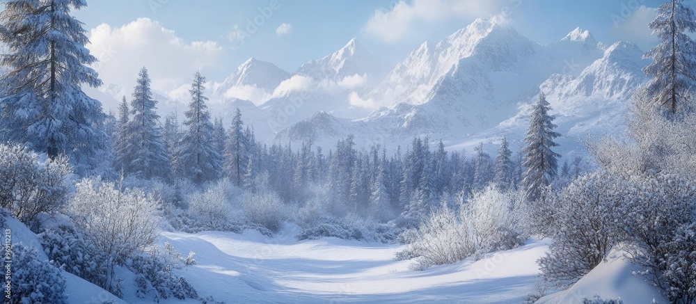 Poster the mountains winter no stress no deadlines just complete tranquility and rest dense snow blanketed 