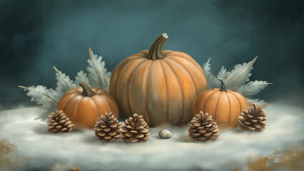 Pumpkins and Pine Cones on Snow with Frosty Foliage