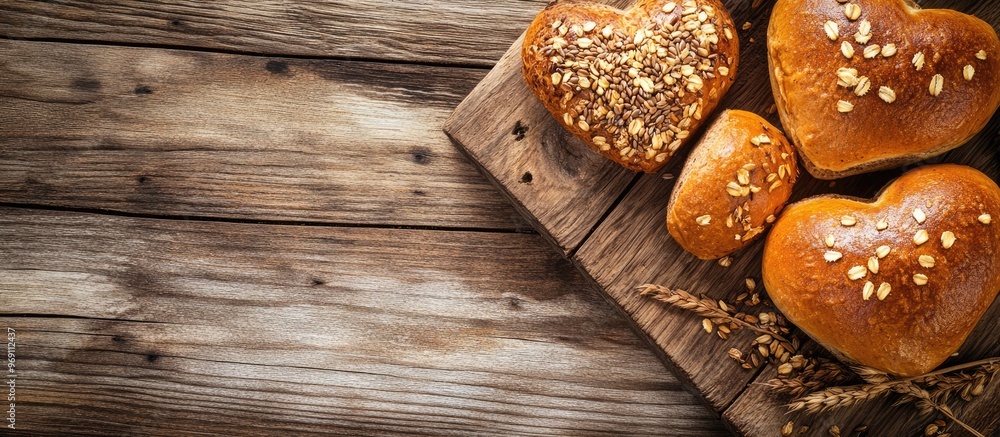 Poster Background featuring heart shaped buns grains and seeds on rustic wooden boards with ample copy space