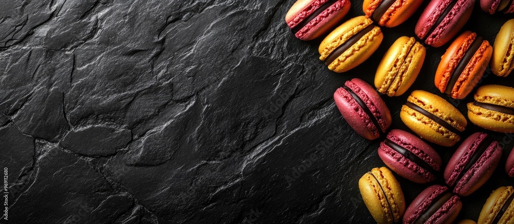 Aufkleber colorful macaroons on a textured black background text copy space