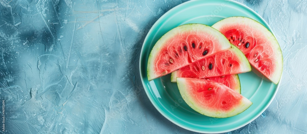 Poster sliced watermelon on a turquoise plate against a grey background watermelon slice summer theme flat 