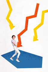 Creative abstract template collage of funny female hold arrow point down recession fantasy...