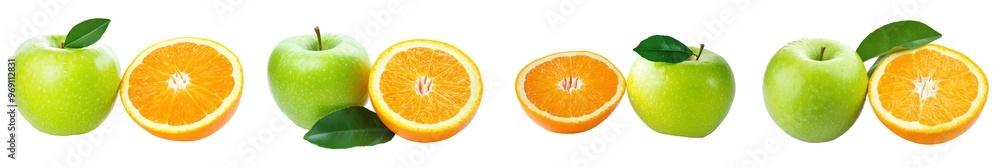 Poster isolated white background with slices of apple and orange