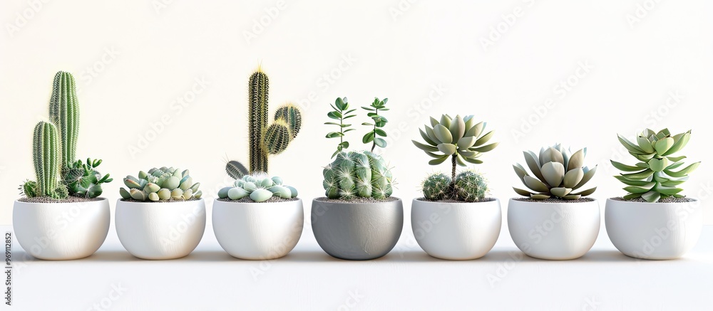 Poster A collection of potted cactus and succulents on a white table. with copy space image. Place for adding text or design