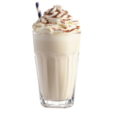 Creamy milkshake topped with whipped cream and chocolate sprinkles, served in tall glass with striped straw. Perfect for refreshing treat or dessert! 