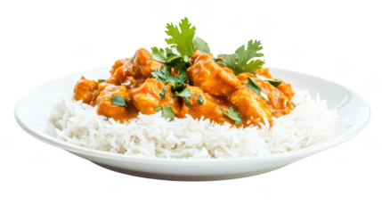 Delicious chicken curry served on bed of fluffy white rice, garnished with fresh cilantro. This vibrant dish is perfect for comforting meal. 