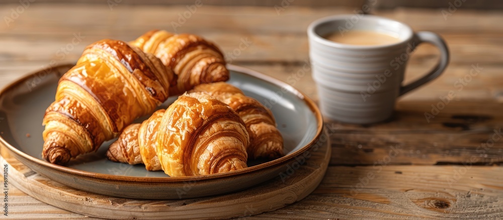 Poster Warm fresh croissants on a plate with a coffee mug on a wooden table. with copy space image. Place for adding text or design