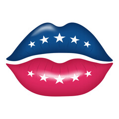 Beautiful 3d lips in the colors of the American flag decorated with stars, isolated on a transparent background. Vector illustration