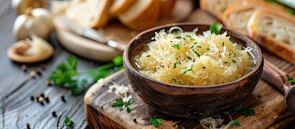 Poster Bowl of delicious sauerkraut and fresh bread on a colorful wooden background. with copy space image. Place for adding text or design