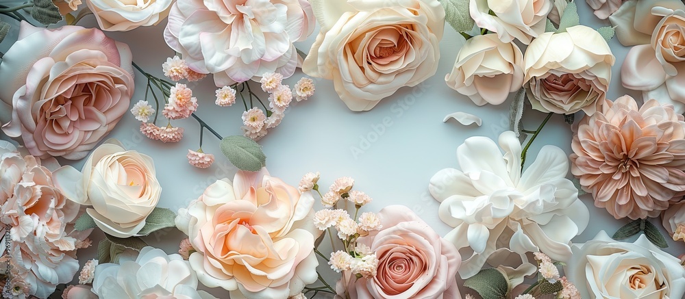 Poster Delicate roses create a frame with blooming flowers providing a festive backdrop soft pastel card selective focus and toned. with copy space image. Place for adding text or design