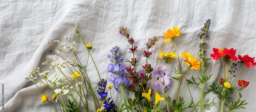 Poster Bouquet of wildflowers on a gray linen backdrop top view Vintage style. with copy space image. Place for adding text or design