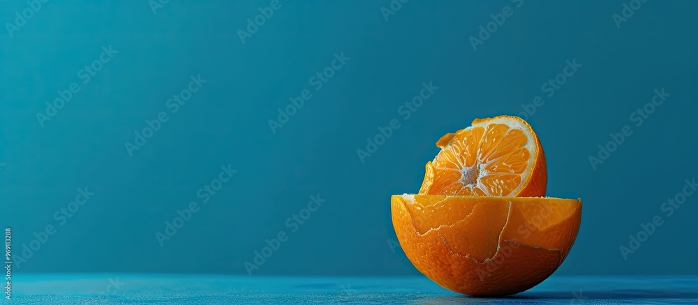 Poster macro shot of citrus fruit peel against a blue background artistic image featuring a vase made of ma