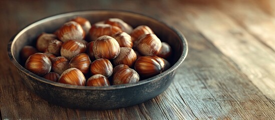 Obraz premium Roasted chestnuts presented in a chestnut pan on an aged table. with copy space image. Place for adding text or design