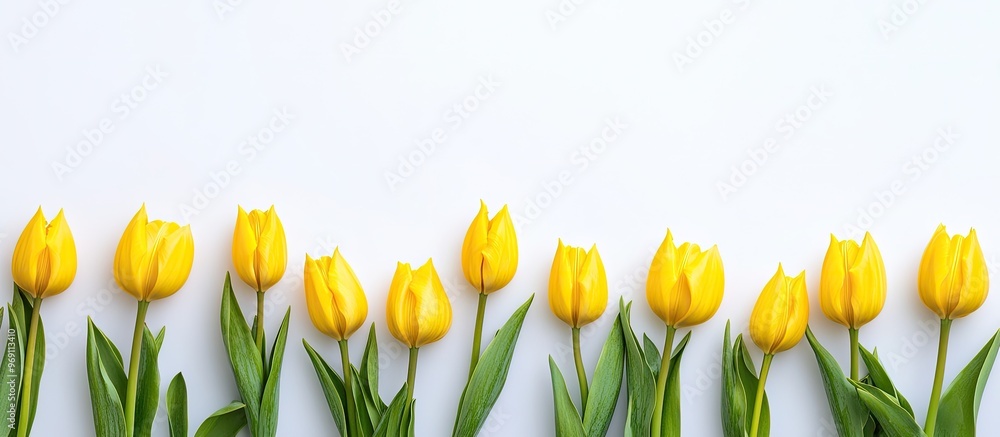 Aufkleber beautiful arrangement of yellow tulips on a white background flat lay top view with copyspace for yo