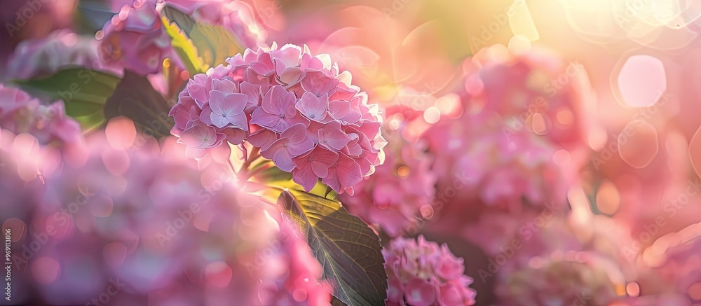 Aufkleber Summer blooming hydrangeas with selective focus shallow depth of field softened tones illuminated with heart shaped bokeh in the background and a pastel gentle card. with copy space image