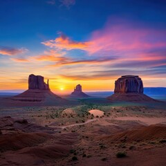 Monument Valley Panorama at Dawn or Dusk, Arizona Landmark, Navajo Nation Rock Formations.