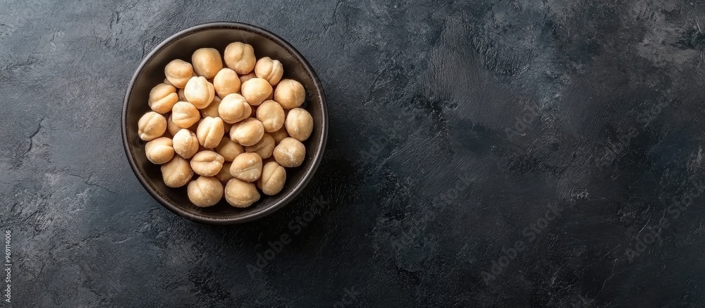 Poster bowl with macadamia nuts on dark concrete top view. with copy space image. place for adding text or 