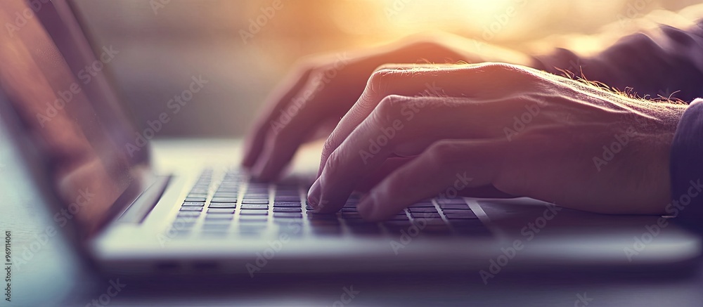 Poster Close up of a man s hand using a laptop with a selective focus and a vintage effect style. with copy space image. Place for adding text or design