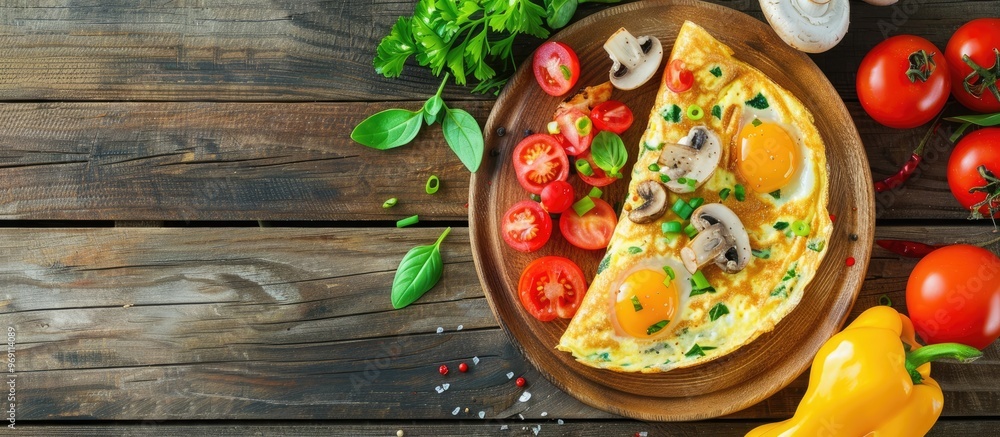 Poster omelet with mushrooms and vegetables fried eggs set against a wooden background top view free copysp