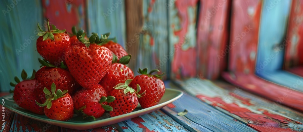 Fototapete red ripe strawberries on a heart shaped plate set against a colorful wooden background. with copy sp