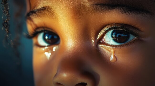 Close up of a tear falling from a child's eye, sadness, pain, or emotion. concept.