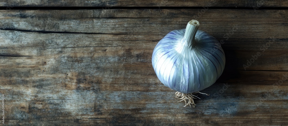 Poster vegan blue onion on a wooden surface. with copy space image. place for adding text or design