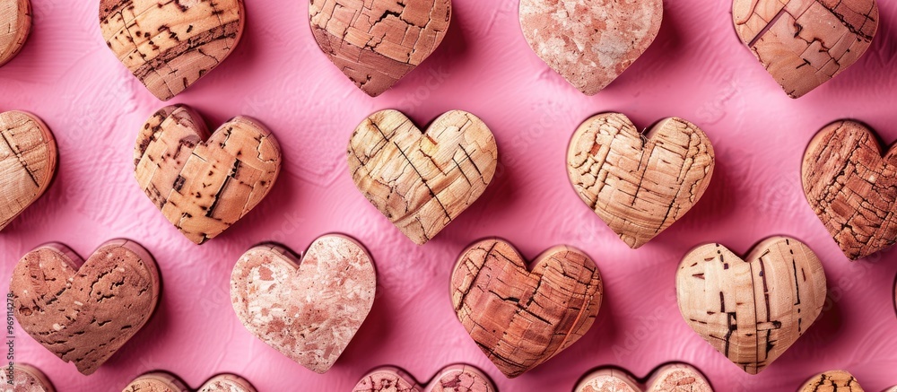 Poster corks from champagne sparkling wine and a wooden heart made from cork material on a pink background 