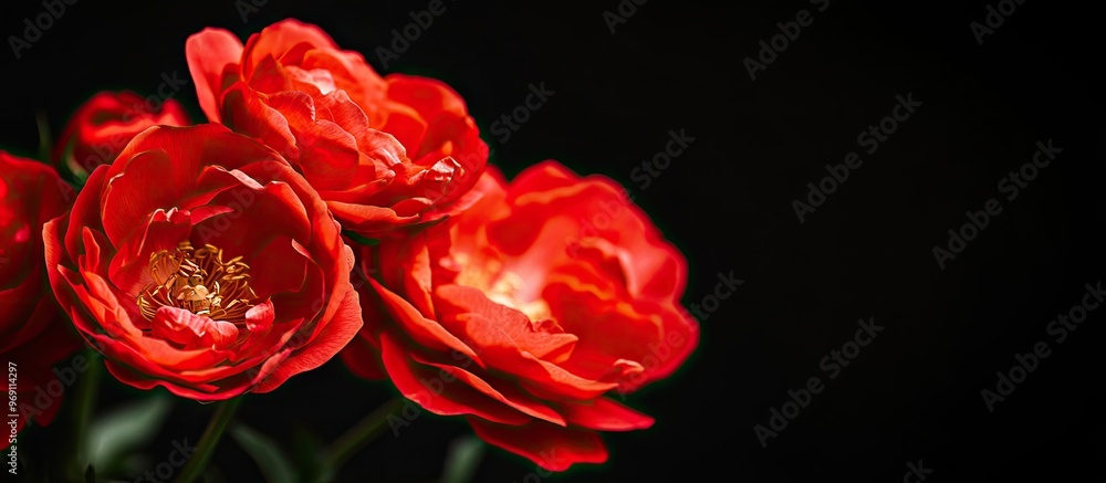 Poster peony red roses against a black background blurred and with selective focus close up of the flower i