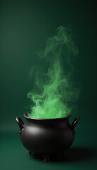 A witch’s cauldron bubbling with green smoke on a solid dark green background, with a large area for sale text in the center