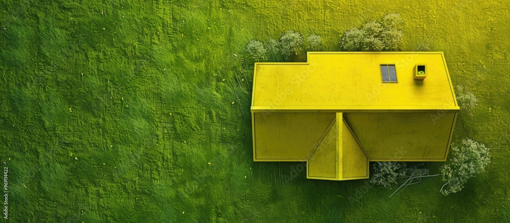Aufkleber Eco friendly technologies for home design House outline formed by green grass on a yellow background top view with space for text. with copy space image. Place for adding text or design