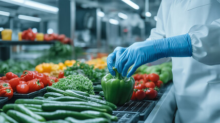 In a sleek, sterile lab environment, a doctor wearing blue sterile gloves gently presses a sensor against a crisp green bell pepper, surrounded by a rainbow of fresh produce.