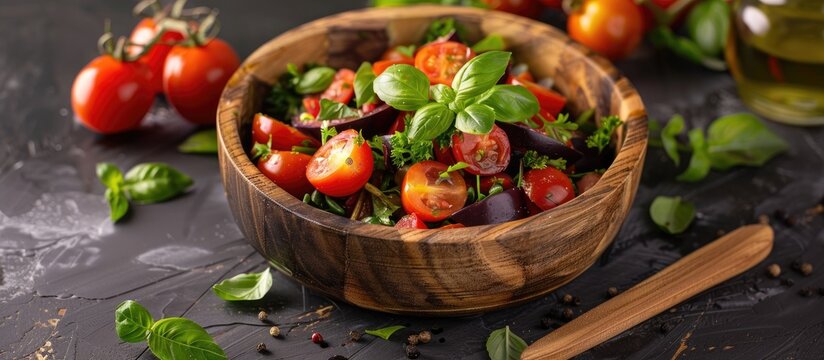 Tasty scarlet eggplant jilo perfectly cooked in a salad with cherry tomatoes presented in a wooden pot with copy space