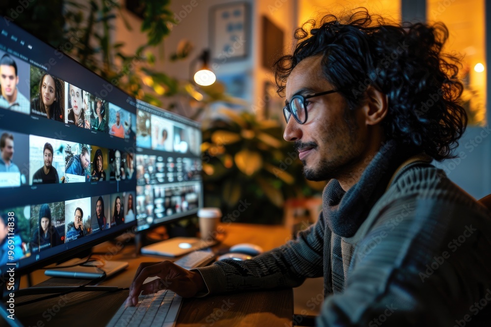 Aufkleber man engaged in online meeting with multiple video call participants on computer screen