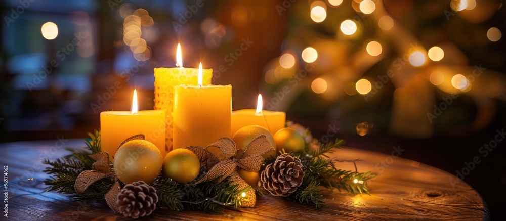 Aufkleber For the first Advent a lit candle on an Advent wreath set against a wooden background in landscape orientation. with copy space image. Place for adding text or design